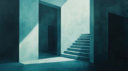 Poster - Abstract architectural interior featuring stairs and contrasting light and shadows creating a serene atmosphere in cool color tones