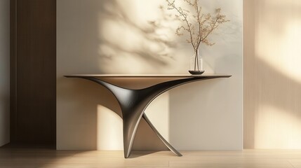 Poster - Elegant modern console table design with unique shape and minimalist decor elements in bright and airy interior setting with soft natural light