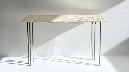 Poster - Modern minimalist console table with abstract design and elegant metal legs casting shadows on a bright background in contemporary interior space
