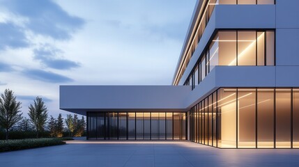Poster - Modern architectural design featuring sleek lines, large glass surfaces, and minimalist aesthetics in an urban setting during twilight hours