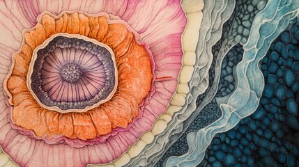 Poster - Vibrant Abstract Floral Design with Intricate Patterns and Rich Color Variation in Orange, Pink, and Blue Tones