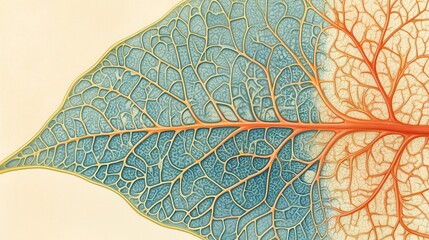 Poster - Detailed Close-Up of a Leaf Vein Structure Showing Intricate Patterns and Color Gradation in Nature with Blue and Orange Tones