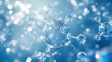 Poster - Transparent molecule model is depicted against a blue background. This image can represent science, medicine, and new breakthroughs.