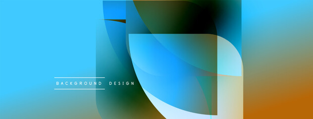 Poster - Abstract design features overlapping shapes, vibrant blue hues, orange gradient. Modern aesthetic, clean lines, suitable background element.