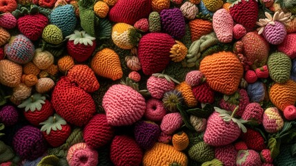 Poster - Vibrant and Colorful Crochet Fruits and Flowers Arrangement in Artistic Display for Craft and Textile Inspiration