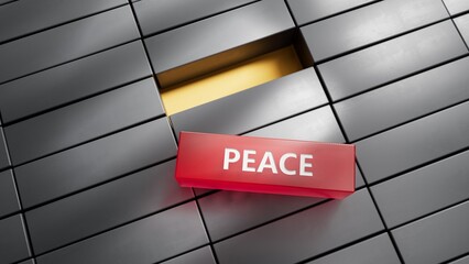 Poster - Peace. metal blocks form the word Peace. An extensive concept of the word Peace used in various areas of business and life.3D rendering on red background.