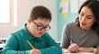 © NN AI - Teacher helping boy with down syndrome writing, green polo shirt, glasses, classroom setting. Special education, inclusive learning support. Educational assistance concept