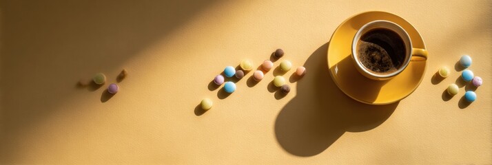 Aufkleber - Coffee Cup Surrounded by Spilled Colorful Pills Cast Shadows on a Yellow Surface, Inviting Exploration of Hidden Stories