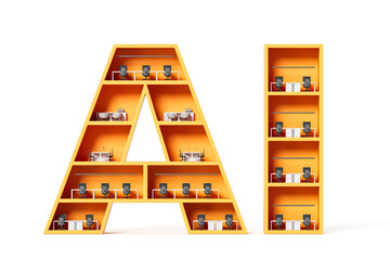 Poster - Office furniture arranged inside yellow 3D letters 