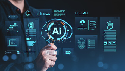 Poster - AI technology interface with futuristic virtual graphics showing automation and business process icons on dark blue background in digital concept.
