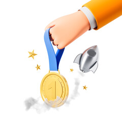 Poster - Hand holding gold medal with rocket and stars symbolizing achievement and success concept on white background. 3D Rendering. 3D Rendering