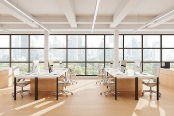 Fototapete - Modern open space office interior with minimalist design, large windows, white desks, and cityscape view in daylight. 3D Rendering. 3D Rendering