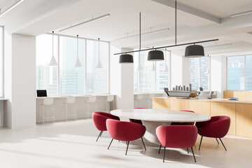 Poster - Modern office interior design with round table, red chairs, and bar seating in bright open space with large windows and city view. 3D Rendering