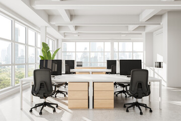 Poster - Modern open space office interior with ergonomic chairs and wooden drawers in bright daylight environment, showcasing clean and minimalist design concept. 3D Rendering