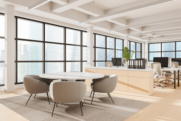 Poster - Modern open space office interior with round meeting table, beige chairs, workstations, and cityscape view through large windows. 3D Rendering. 3D Rendering