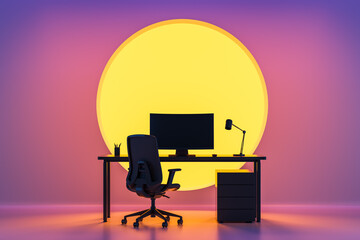 Poster - Futuristic minimalist workstation setup with glowing yellow sun backdrop and gradient lighting in modern digital workspace concept scene. 3D Rendering