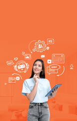 Poster - Woman using digital tablet with AI interface graphics on orange