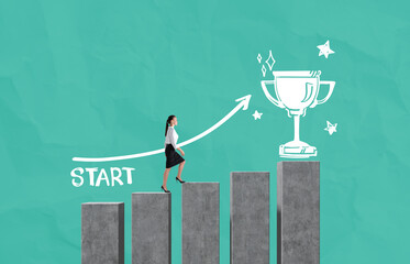 Poster - Businesswoman climbing concrete steps towards trophy with drawn