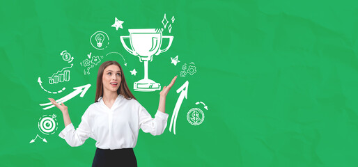 Poster - Woman celebrating success with hand-drawn business icons and tro