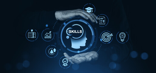 Poster - Human hands holding skill development icons with educational and career symbols in blue glow.