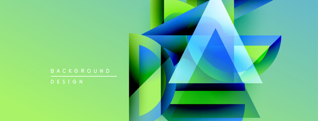 Poster - Abstract geometric shapes overlap, creating vibrant layered design. Green background complements blue, yellow hues. Modern aesthetic.
