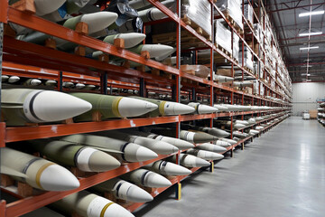 Poster - Missiles stored on shelves in a military warehouse facility Generative AI