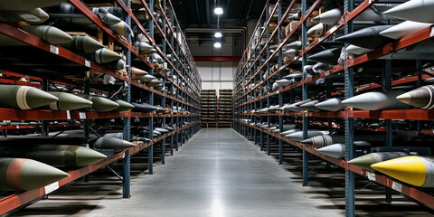 Poster - Missiles stored in organized warehouse facility Generative AI