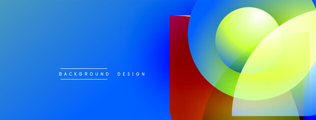 Poster - Abstract vibrant design. Blue gradient background features overlapping geometric shapes, red rectangle, green circle, yellow square. Modern aesthetic.