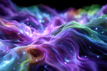 Poster - Colorful abstract waves with glowing particles in dark background