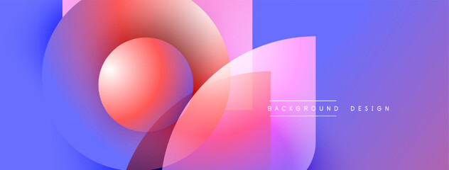 Poster - Abstract composition features overlapping circles, squares. Gradient colors blend from blue to pink, creating modern visual effect.