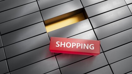 Poster - Shopping.3D illustration of metal blocks.close up of metal blocks,3D rendering on red background.