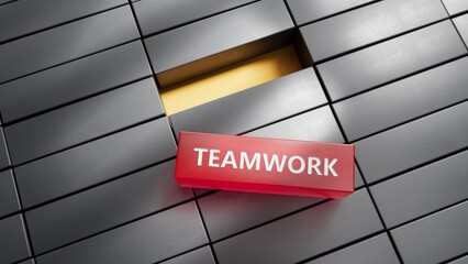 Poster - teamwork.metal blocks spelling.Flat lay view from above on red background with metal blocks buttons.IT technology concept.3D rendering on red background.