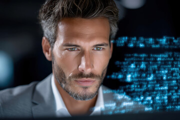 Fototapete - Focused man analyzes digital data in a dark office environment at night