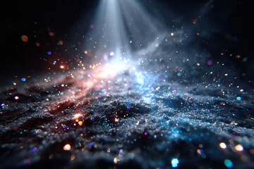 Poster - Abstract cosmic landscape filled with colorful particles and beams of light
