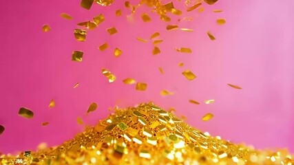 Poster - Shimmering golden confetti falls gracefully on a vibrant pink background during a festive celebration, Golden confetti falling on pink background