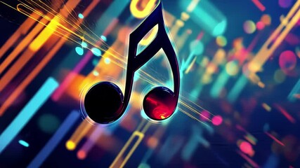 Poster - Vivid abstract display featuring a central music note with colorful background elements and dynamic patterns, Central music note in vivid abstract displaying video background