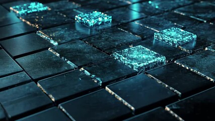 Poster - Glowing blue cubes illuminate dark tiles in a digital landscape at night, Blue glowing cubes on black tiles Computer generated abstract able background