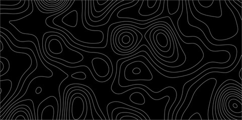 Poster - Abstract white on black background with Topographic line map pattern. abstract wavy and curved lines background. linear map. Dark seamless design. Bold tile able isolines pattern. Vector illustration.
