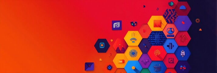 Poster - Color-block Design Featuring Illustrative Icons Arranged in Hexagons Creating a Vibrant and Modern Visual Appeal for Creative Projects