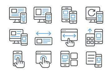 Fototapete - Glow icons of responsive website and mobile interface designs on dark background