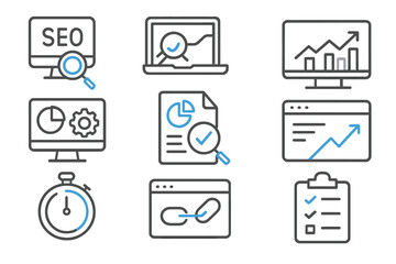 Poster - Seo and analytics icons on dark grey background with blue highlights
