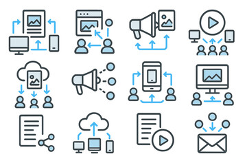 Poster - Digital communication icons with media sharing and connectivity symbols