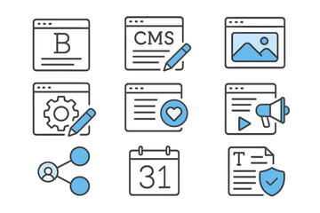 Poster - Web design icons - cms, editing, multimedia, social sharing, scheduling, seo