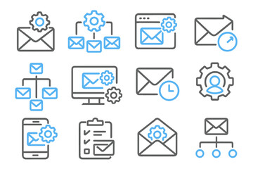 Fototapete - Neon blue email and gear icons on dark background representing digital communication