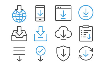 Poster - Digital download icons set with blue glow for web and mobile interfaces
