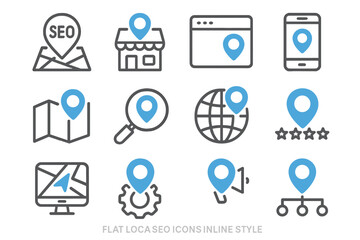 Set of various local seo icons with blue location pins for digital marketing