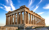 Ancient greek parthenon columns under a blue sky