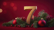 © mstmarzina - Textured gold number seven sits amongst pine branches, berries, and ornament on a red backdrop