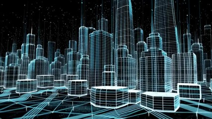 Poster - Futuristic Smart City Digital Network - A wireframe video of a futuristic city skyline interconnected by a glowing digital network.
