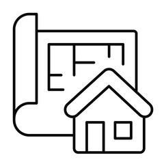 Poster - Building layout paper and house thin line icon, architect studio concept. Vector graphics. Project plan of cottage house sign on white background, style mobile or design.